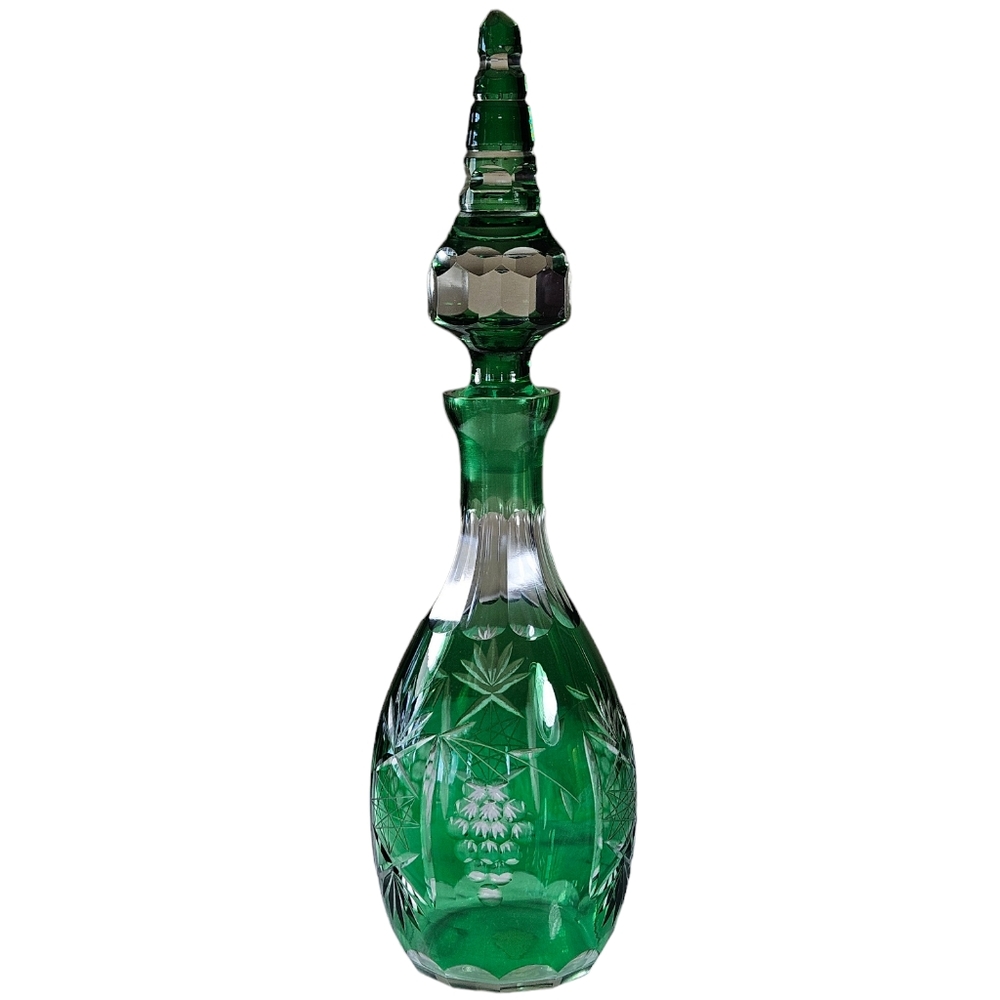 Vintage Green Glass Cut To Clear Lead Crystal Decanter Stopper 15 in